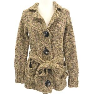 Anthropologie Leifsdottir Sweater Coat Cardigan Belt Knit‎ Green Pink Artsy Boho